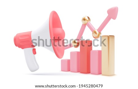 Colour 3d growing bars graphic with rising arrow and megaphone isolated on white background. Vector illustration