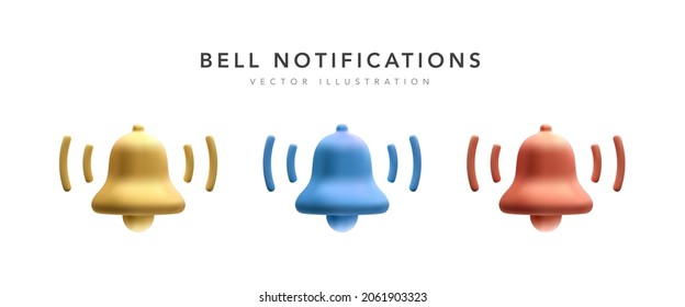 Colour 3d realistic bell notification icons isolated on white background. Vector illustration