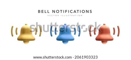 Colour 3d realistic bell notification icons isolated on white background. Vector illustration