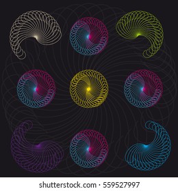  Colour abstract shapes on black background. Vector illustration.