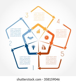 Colour arrows infographic for five positions, possible to use for workflow, banner, diagramme, web design, timeline, area chart, number option