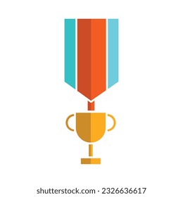 Colour award medal with golden trophy cup icon vector. Reward and achievement symbol stock illustration. Youth sport award medal icon for web or game interface. Prize for championship.