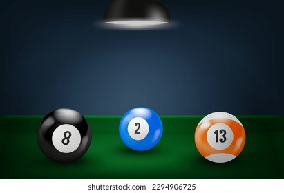 Colour billiard balls on green table with lamp. 3d vector banner with copy space