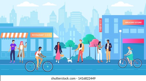 Colour blue vector city street and group of walking people 