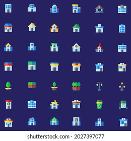Colores edificios de color colección de iconos plana aislada en fondo azul