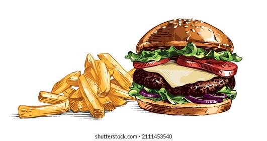 colour burger and french fries hand drawing sketch engraving illustration style