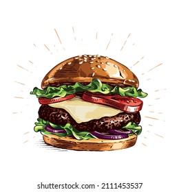 colour burger hand drawing sketch engraving illustration style