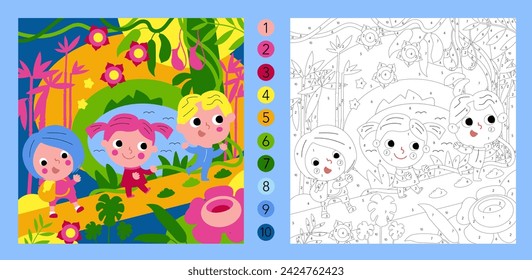 Juego de color por números. Rompecabezas educativo para niños. Linda escena plana simple. Naturaleza y selva. Ilustración vectorial.