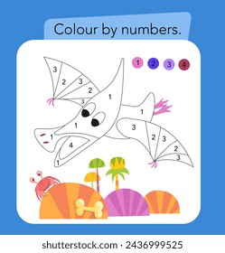 Colour by numbers game. Educational puzzle for children. Cute flat simple scene. Nature and Dino. Vector illustration