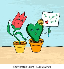 Colour card lovers Tulip and cactus hold hands