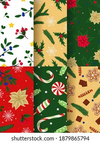 Colour Christmas templates. Cute winter seamless pattern for your decoration. Christmas and Happy New Year set of winter holidays backgrounds. Vector illustrations
