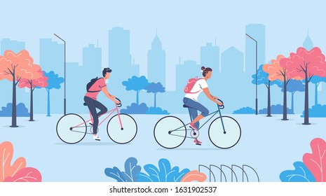 Colour city park and young people riding bicycles vector illustration