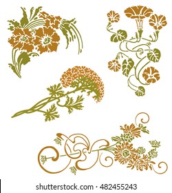 Colour collection of tattoos of plants and flowers on a white background. Emblems bouquets in vintage style. 