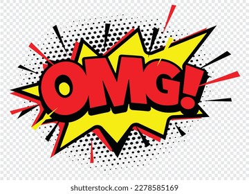 Colour comic speech bubble OMG space on transparent background. Ballon and explosion. Vector Illustration and graphic elements.