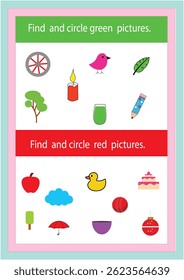 Colour concept worksheet. Circle red pictures and green pictures. Fun activity worksheet for kids.