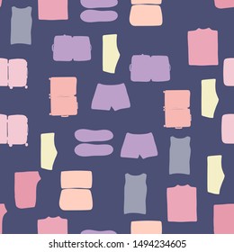 Colour contrast top view clothes silhouette travel suitcase repeat pattern. Vector illustration