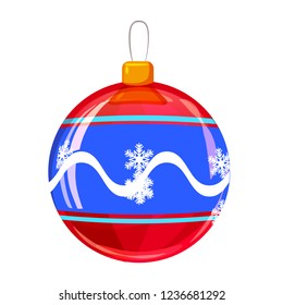 Colour decorated christmas red ball isolated on white background. Vector illustration. Cartoon style