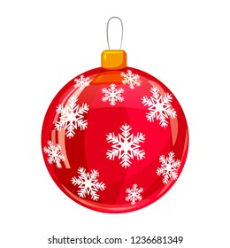 Colour decorated christmas red ball isolated on white background. Vector illustration. Cartoon style