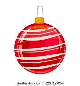 Colour decorated christmas red ball isolated on white background. Vector illustration. Cartoon style