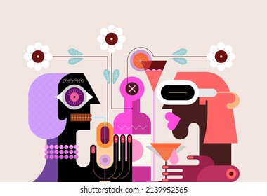 Colour Design Isolated On A Light Background Romantic Dinner Vector Illustration. Two People Sitting Opposite Each Other And Drink Cocktails. 