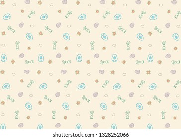 colour Easter eggs, flowers and rabbits on yellow background