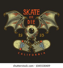 Colour emblem design with eye wings and cracked skate, vector illustration