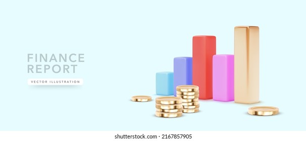 Colour Finance Report With Golden Coins In 3d Realistic Style. Vector Illustration