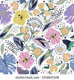 Colour and fresh Hand drawn blooming garden floral ,Botanical leaf ,many kind of flowers with stylish polka dots seamless pattern vector,Design for fashion , fabric, textile, wallpaper, cover, web , 