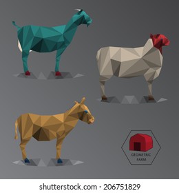 Colour full illustration of geometric farm animals made of triangle polygons, easy changing colour, set of medium animals like goat, donkey and sheep - EPS