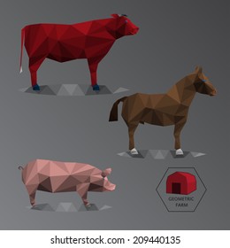 Colour full illustration of geometric farm animals made of triangle polygons, set of big livestock like bull, horse, and hog - EPS