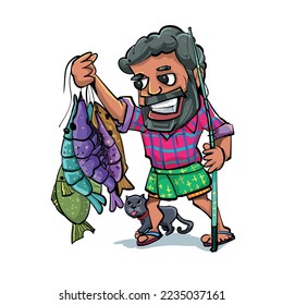 colour full illustration of an Indian fisher man with fishes in his hand