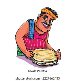 Colores ilustraciones completas de un hombre que prepara comida tradicional del sur de India, Kerala Porotta.