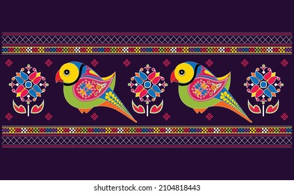 colour full parrot with flowe border, indian kutch embroidery