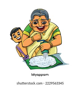 Ilustración de color vectorial completa de una abuela tradicional que prepara el plato indio sur - Idiyappam 