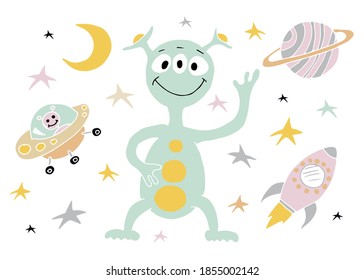 The colour illustration with cute aliens. The Image was drawn in cartoon style. Vector image. The Idea for printing on products, packaging, decor. Isolated on a white background.