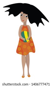 A colour illustration of a girl holding a ball, vector, color drawing or illustration. 