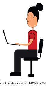 A colour illustration of a girl working on the computer, vector, color drawing or illustration. 