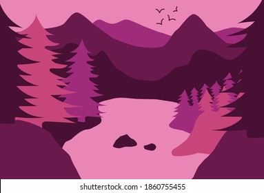 The colour illustration of mountain lake. Vector image. The Image was drawn in flat style. The Idea for design, print, decor.