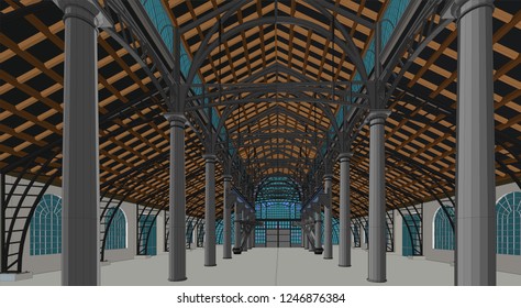 colour illustration perspective of the interior of a modernist warehouse