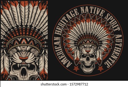 Colour illustration with a skull in Indian headdress on a dark background. Perfect for shirt prints, logos and many other.