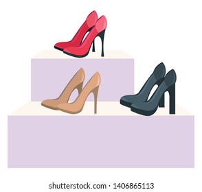 A colour illustration of three pairs of high heeled sandals, vector, color drawing or illustration. 