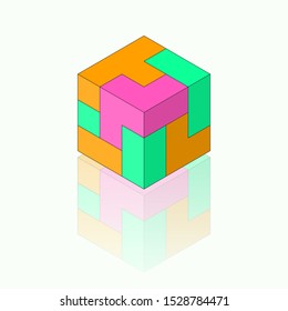 Colour Isometric cube with reflection on the white background. Toy, puzzle. Vector illustration.