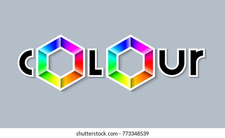 Colour lettering with colourful radial gradient hexagonal symbols made of rainbow spectral colours on grey background