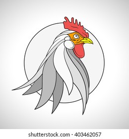 Colour line drawing of a farm animal bird - chicken rooster cockerel head portrait. Chinese Zodiac emblem of 2017. Vector illustration.