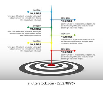 Colour line hit to black and white dartboard with infographic. Target timeline. Business success data chart, investment goal, marketing challenge, strategy presentation, achievement diagram. template.