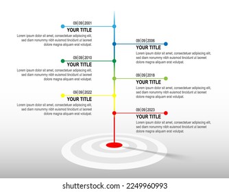 Colour line hit to dartboard with sample infographic. target timeline. Business success data chart, investment goal, marketing challenge, strategy presentation, achievement diagram. vector template.