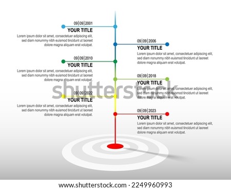 Colour line hit to dartboard with sample infographic. target timeline. Business success data chart, investment goal, marketing challenge, strategy presentation, achievement diagram. vector template.