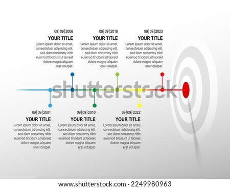 Colour line hit to dartboard with sample infographic. target timeline left to right. Business data chart, investment goal, marketing challenge, strategy presentation, achievement diagram. template