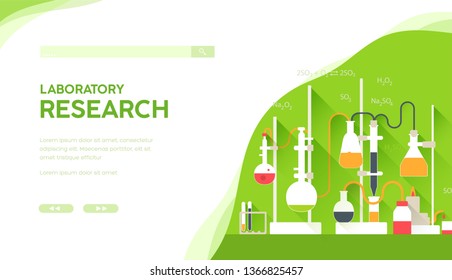 Colour liquids circulate in test tubes, flasks laboratory system. Workplace with equipment for medical diagnostic researches, scientific experiments. Chemistry lesson at college, university. Vector 