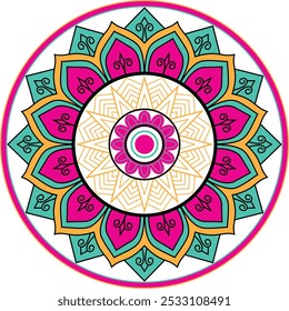 Modelo de ilustração de vetor de mandala de cor, Mandala de doodle desenhado à mão isolada, Mandala étnica com ornamento tribal colorido.